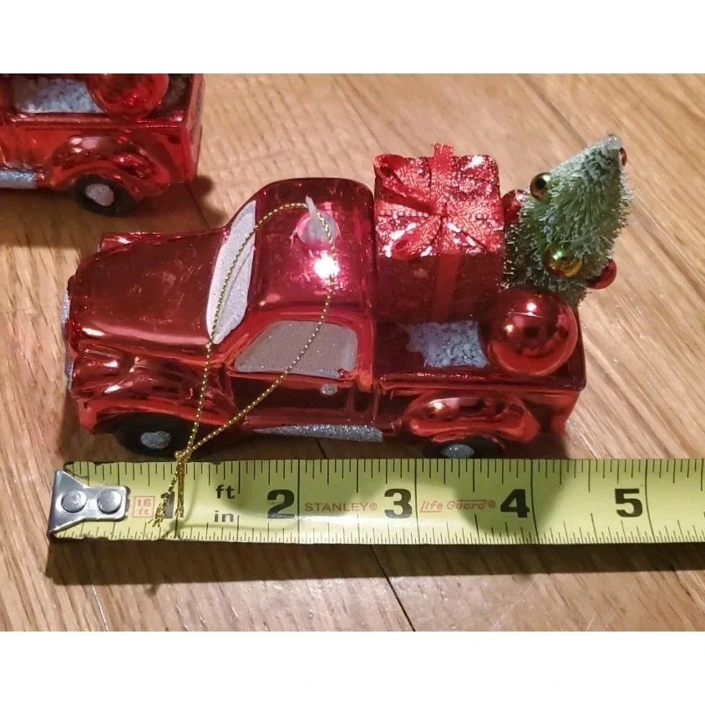 Retro Style Shiny Red Truck Christmas Ornaments Lot Of 5